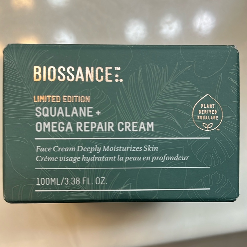 Biossance Squalane + Omega Repair Cream 100mL jar.